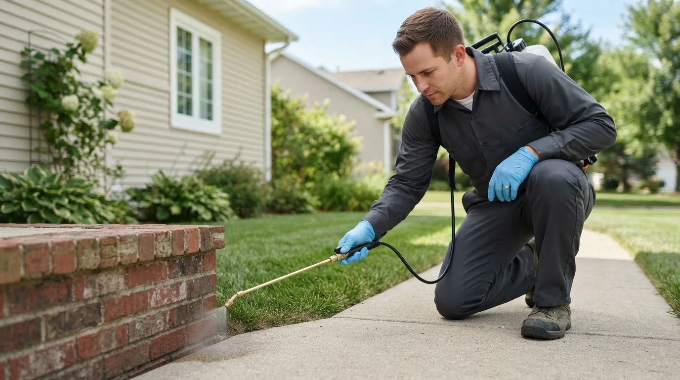 Pest control technician treating a home near Wayne City, IL
