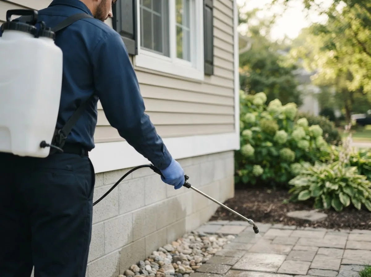 Pest control technician inspecting a home in Wayne City, IL